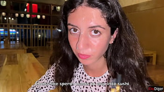 I sperm on a chick's face in Public Sushi Bar and she eats rolls with Sperm on her face - Cumwalk