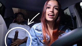 Sleazy delivery driver catches gifted passenger masturbating from booty!