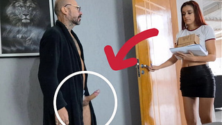 Perverted grandpa receives delivery lady with her cock out!