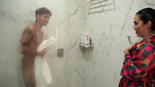 Huge rear-end stepmom ends up fucking her petite stepson after snooping on him in the shower
