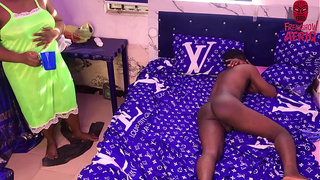 HORNY EBONY STEPMOM IS HAPPY TO MEET STEPSON NAKED AND HARD, SO SITS HER WET TWAT ON HIS PRICK. PLEASE SUBSCRIBE TO RED