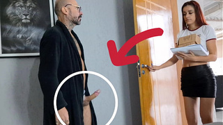 perverted grandpa receives delivery chick with her cock out!