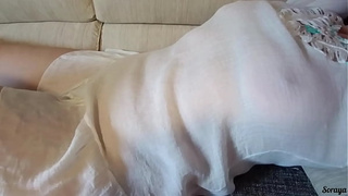 Stepmother cleaning the house in a transparent dress without panties.