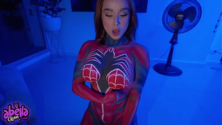Sexy SPIDERWOMAN RIDES her fan and ride him until he CLIMAX!