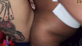 Sleazy married woman mounts her hubby's two ebony friends in the cuck-old's lounge!