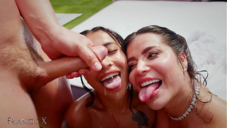 Outdoor Sex party 9 Men Fuck two Ladies in Lingerie with Anal and DP