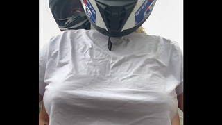 Female motorcycle lady from 99 picks up male passenger and asks him to scratch her nipples while riding! He gets a hard-on on top of the bike and orgasm all over it!