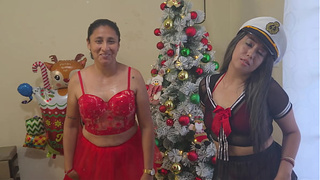 The best Christmas threesome - 2 horny stepdaughters celebrate Christmas by fucking their perverted stepfather for Christmas presents