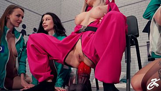Squid Game XXX Parody Vol. two - Guard teaches Players to take giant anal dildo - Ksu Colt, Sia Sibera, Lesya Moon, Sonya Vibe