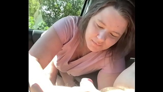 Chubby trailer trash chick swallows schlong in the backseat of a car then takes a cumshot