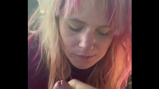 Gorgeous hooker gets on her knees to blow dong in the backseat of a car and takes a load in her skank mouth