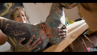 TwoTattooed Lezbo Anal Gape and Squirt and Giant Toy
