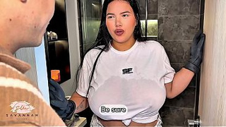 Busty Hispanic maid has passionate sex with her boss to get a raise - Savannah Watson