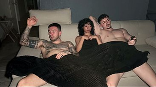 Curly Thin Hispanic Takes 2 Wide Pricks in Slutty MMF Threesome - Double Vaginal Cumshot
