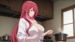Stepson Came Home Early and Caught Dad's Wifey Cooking in a Tiny Robe. Kureha Enomoto Anime Cosplay (AI-generated)