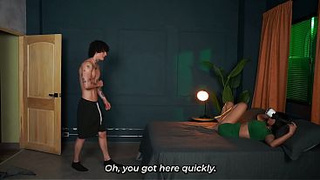 Charming brunette stepsister gets drilled by her muscular stepbrother thinking it's VR