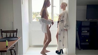 Standing doggy with long haired husband and shaved bald head slut
