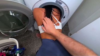 Stuck Step Sister Screwed by Step Bro in Washing Machine & Takes Load in Mouth